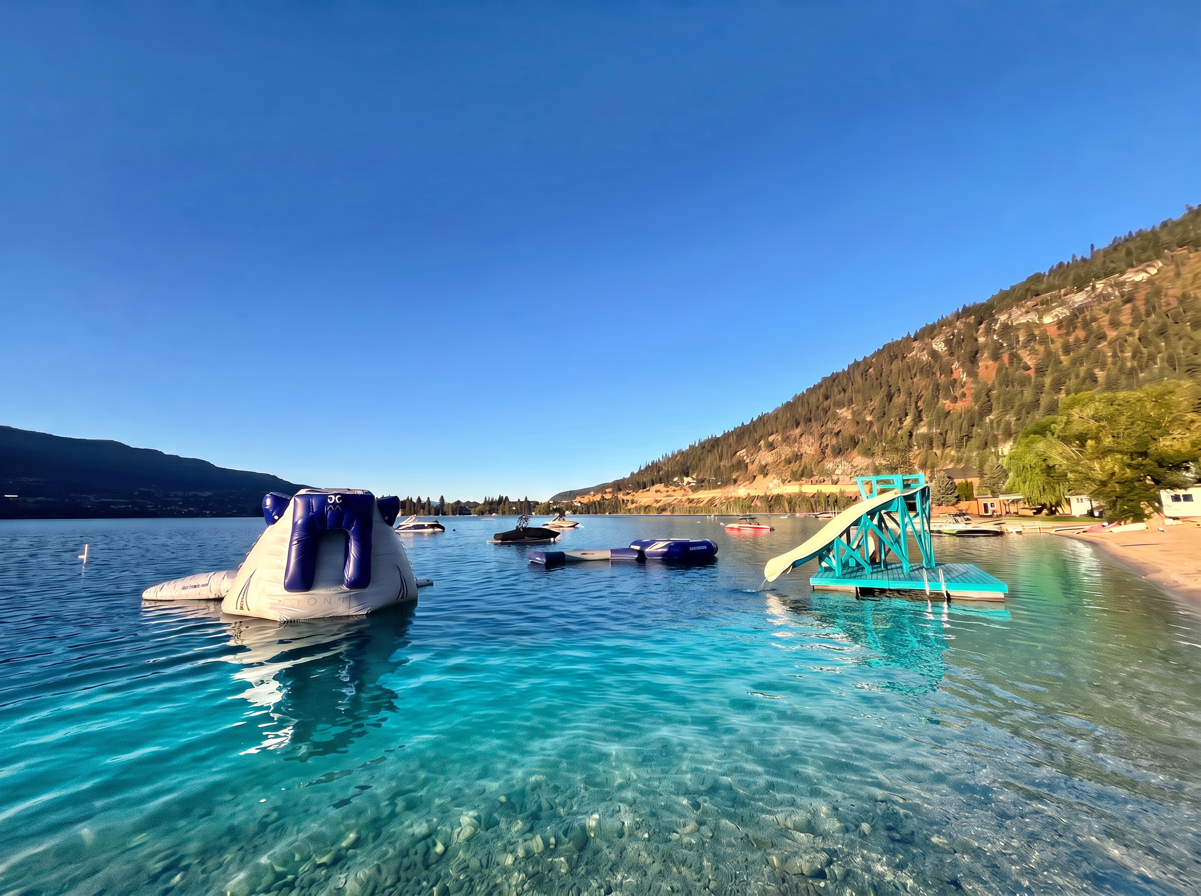 Floating inflatable water park, diving board and slide dock on the lake