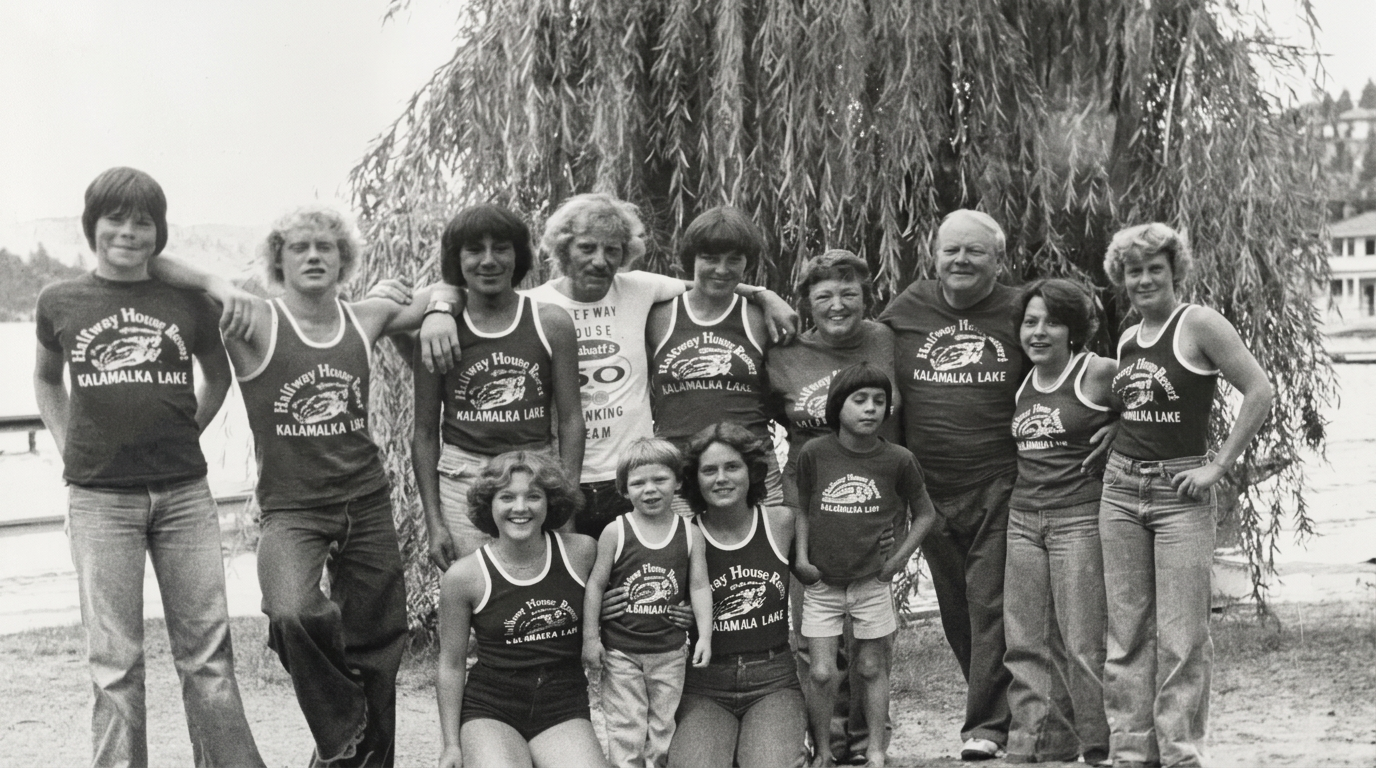 The Thomson family at Halfway House Resort on Kalamalka Lake, 1977