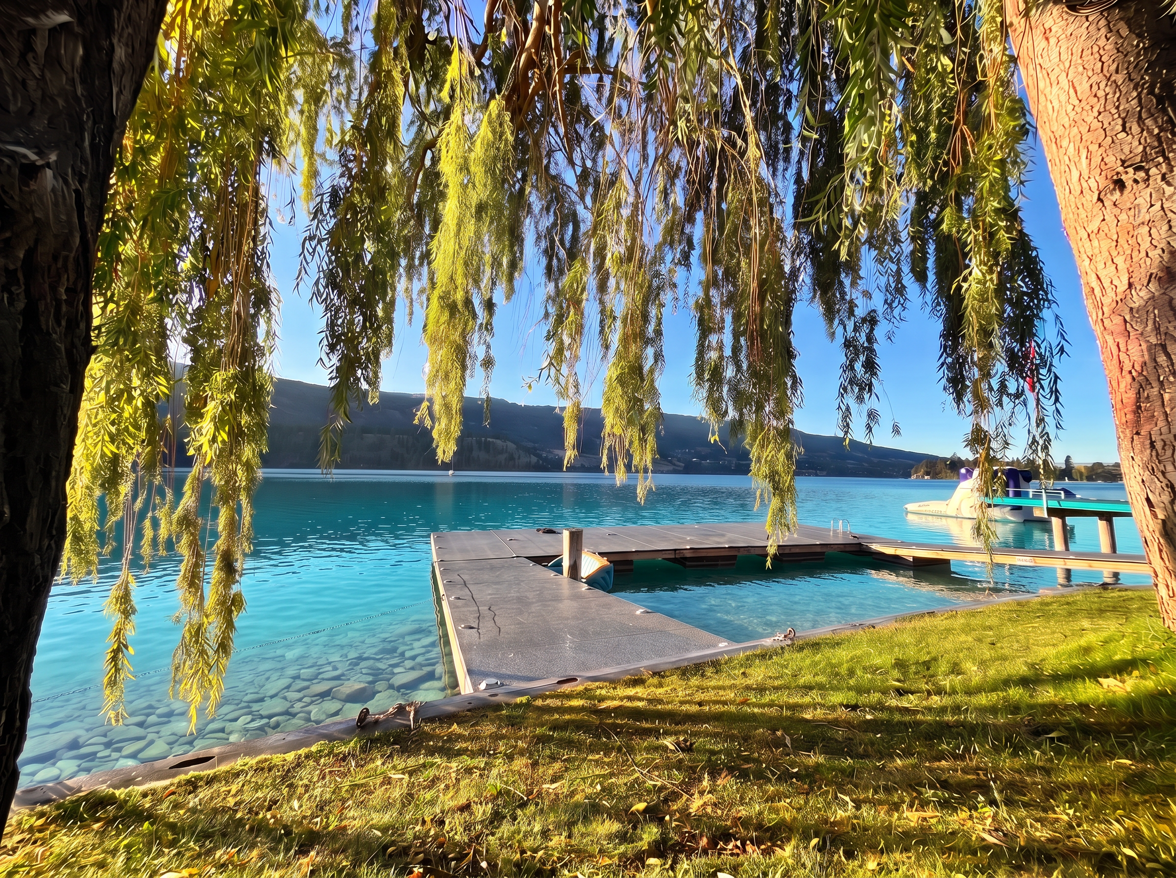 Docks reaching into turquoise water under a willow tree